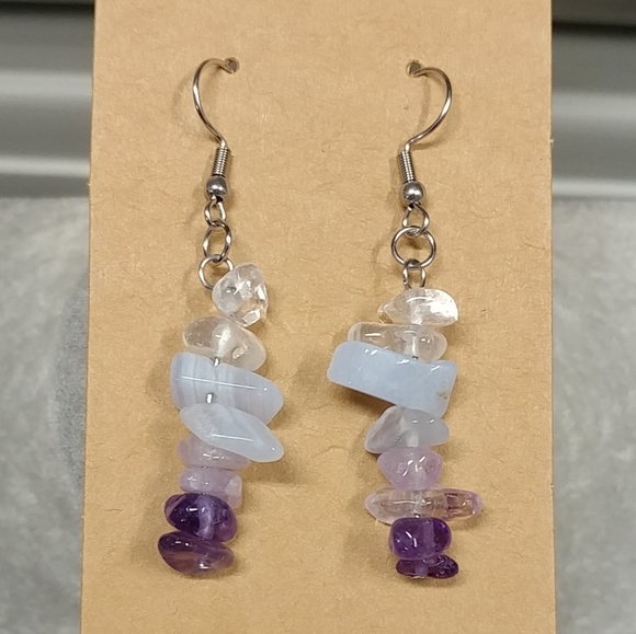 Amethyst Quartz Crystal Blue Lace Agate Earrings Natural Gemstone Chip Beaded - Picture 1 of 10